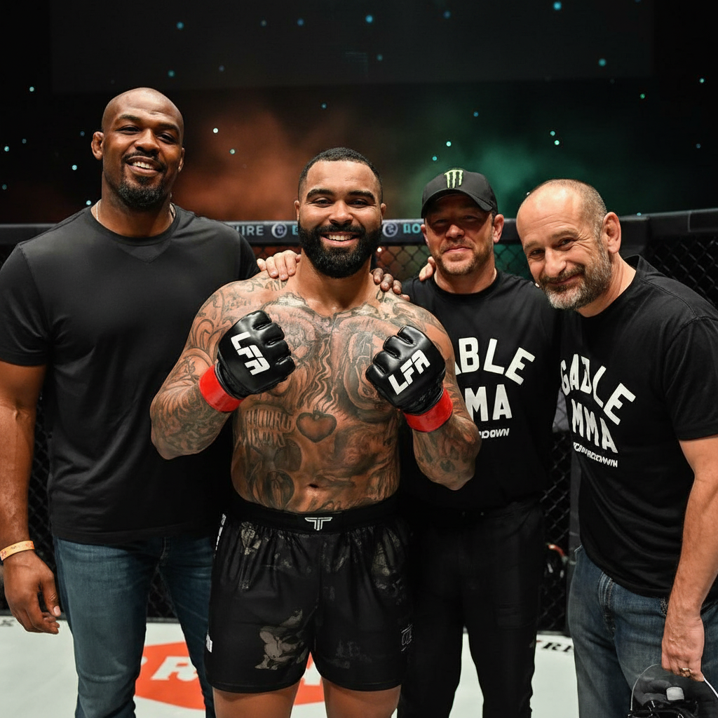A post-fight photo of four men standing together in a dark MMA arena. The image is cleaned up with enhanced clarity and sharpness. The background has subtle hints of orange and green lighting/glow — like arena lights casting warm orange and cool green tones in the dark atmosphere behind them. The fighters and people in the foreground remain natural and sharp, with the colorful background enhancement adding visual depth and drama.