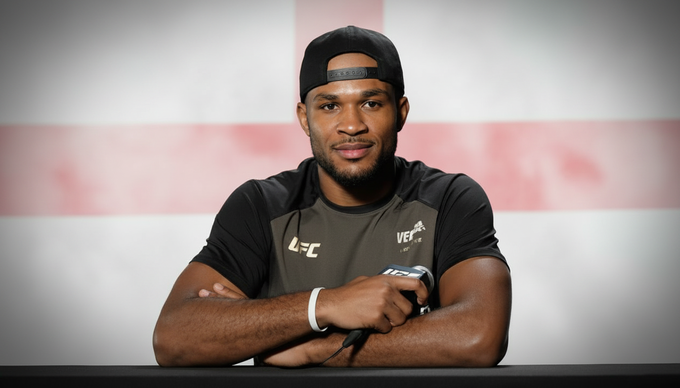 Professional fighter portrait photo. A young Black man with a backwards snapback cap, arms crossed confidently, wearing a UFC shirt. He is sharp, crisp, and well-lit in the foreground — strong contrast, slightly dramatic studio lighting that makes him stand out boldly from the background. The background is a softly blurred St. George's Cross (English flag) — clean white with muted red cross beams, slightly atmospheric with a subtle gradient vignette. The fighter should feel like he is jumping out of the image — clear depth of field separating him from the background, with the background noticeably more blurred and desaturated compared to the sharp, vivid foreground subject. Clean, professional, like a high-end fighter promo shot.