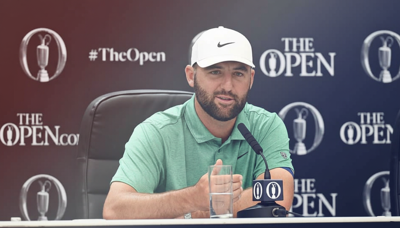 Take the existing photo of Scottie Scheffler speaking at a press conference at Royal Birkdale golf course. Keep the photo realistic and the subject clearly visible. Add a very faint, subtle wash of American flag colors (red, white, and blue) in the background areas of the image — like a soft patriotic color tint or light overlay in the background only, not covering the subject. The effect should be tasteful and understated, not garish or overpowering. The background should have a gentle red-white-blue hue while the foreground subject remains natural and sharp.
